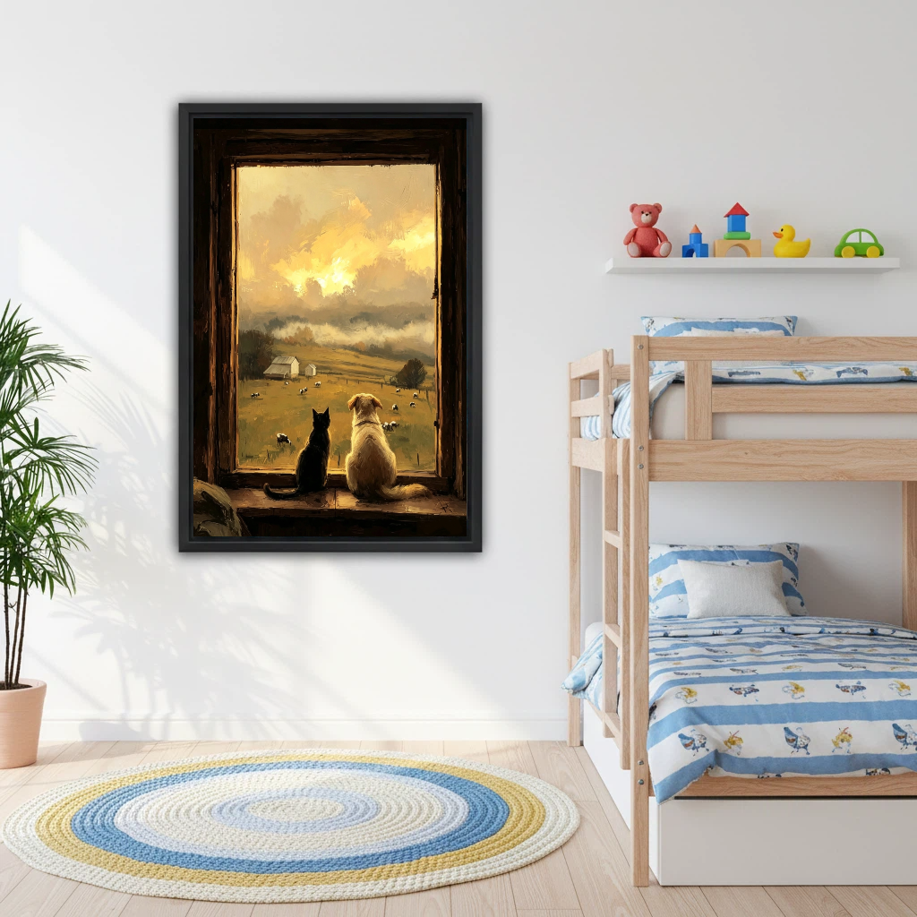 Black cat and golden dog framed canvas wall art on white wall in kids bedroom with bunk bed and colorful toys