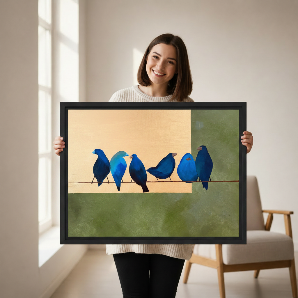 Blue Birds on Wire Framed Canvas Art Print - Whimsical Bird Wall Decor Gift Idea