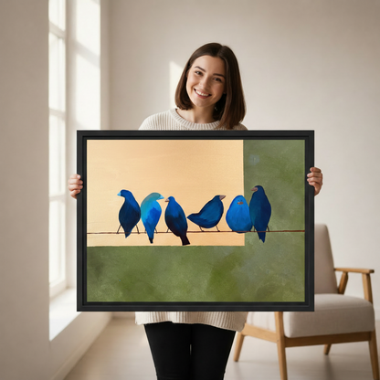 Blue Birds on Wire Framed Canvas Art Print - Whimsical Bird Wall Decor Gift Idea
