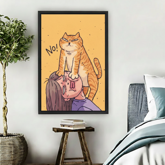 Funny orange cat says No whimsical illustration framed canvas wall art 