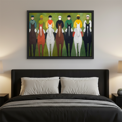 Abstract horse racing jockeys colorful wall art print above bed modern bedroom decor