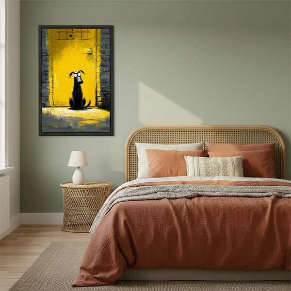 Framed funny dog yellow door street art print above a boho bedroom bed with terracotta bedding, quirky pop art dog wall art