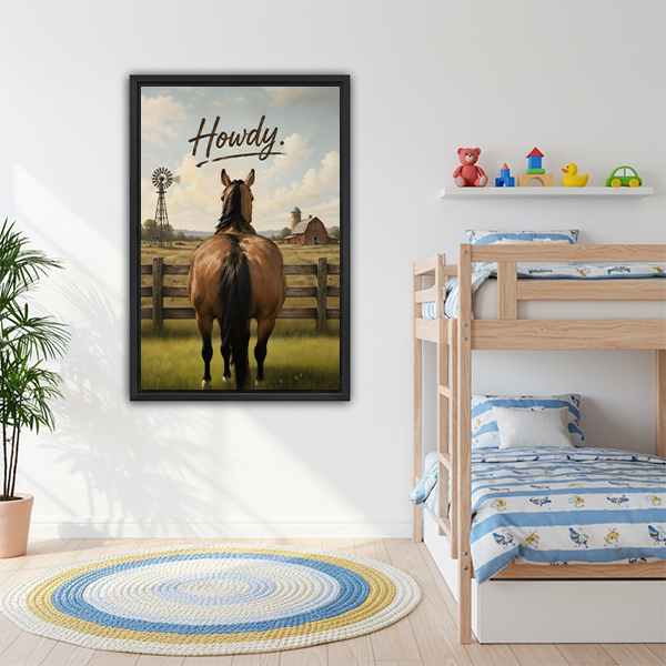 Howdy western horse canvas art in kids bedroom beside bunk bed
