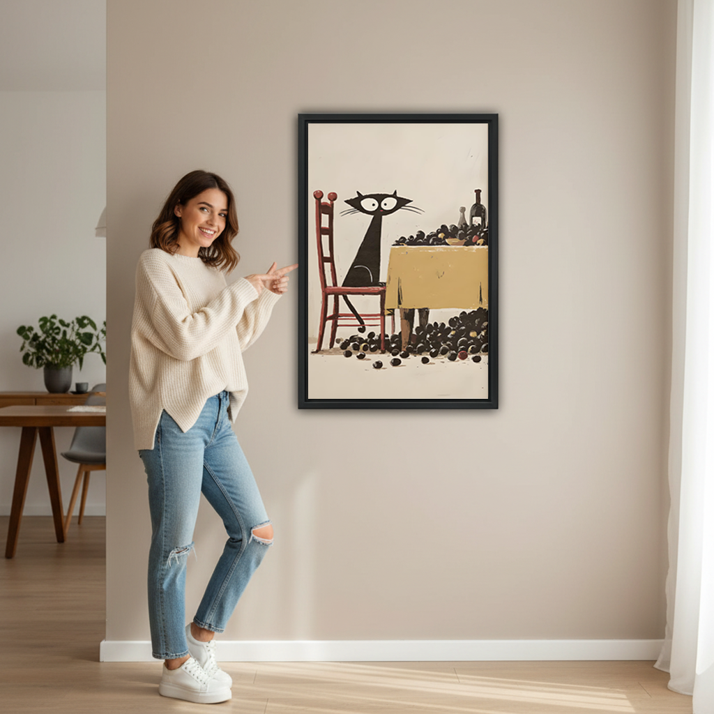 Woman pointing at vintage black cat wall art framed print on beige wall in bright hallway