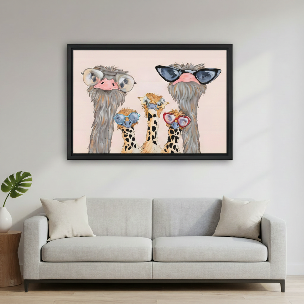Whimsical Five Ostriches in Sunglasses Framed Wall Art in Living Room – Funky Pink Bird Print for living room