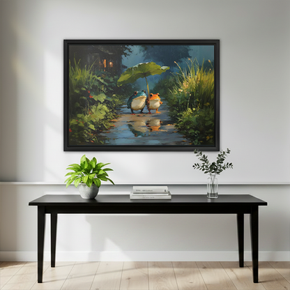 Framed frogs leaf umbrella canvas wall art hangs above a black entryway table with plants.
