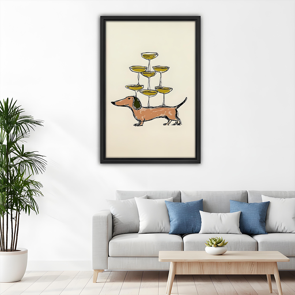 Dachshund Champagne Tower Line Art Framed Wall Art Print Above Sofa Living Room Decor