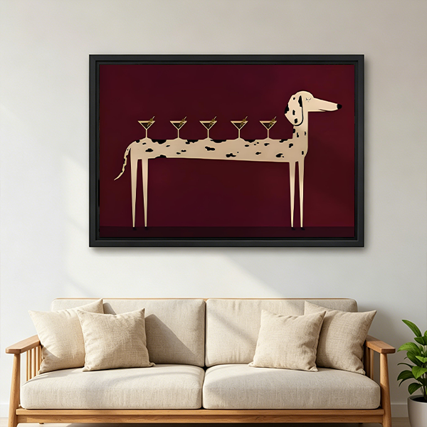 Framed whimsical martini dog canvas wall art with cream and burgundy tones displayed above a white bed.