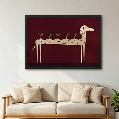 Framed whimsical martini dog canvas wall art with cream and burgundy tones displayed above a white bed.