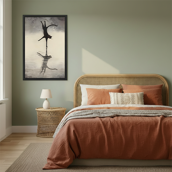 Minimalist black cat reflection framed print above a boho bedroom bed with terracotta bedding, inspirational animal wall art