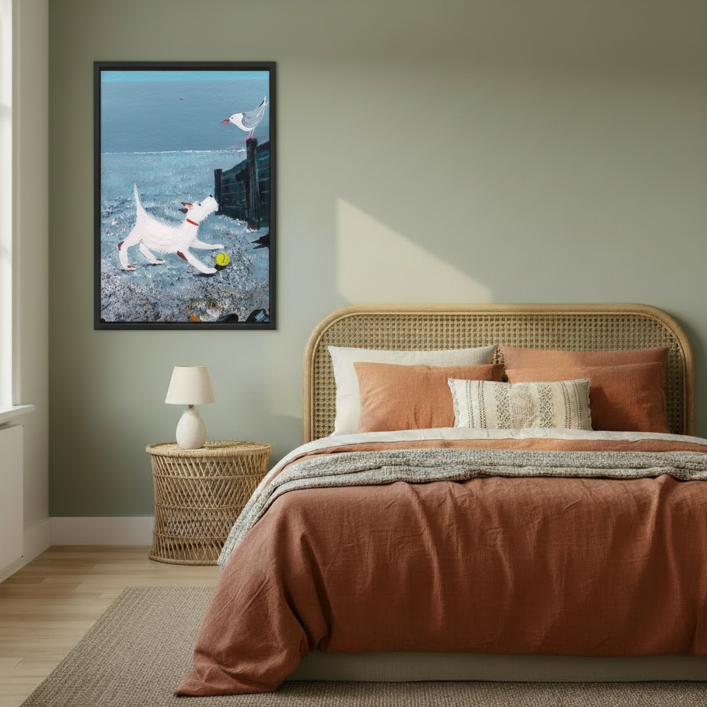 Coastal dog and seagull framed canvas wall art displayed in cozy boho bedroom with terracotta bedding