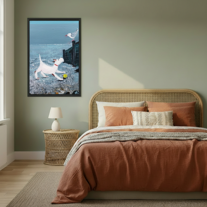 Coastal dog and seagull framed canvas wall art displayed in cozy boho bedroom with terracotta bedding