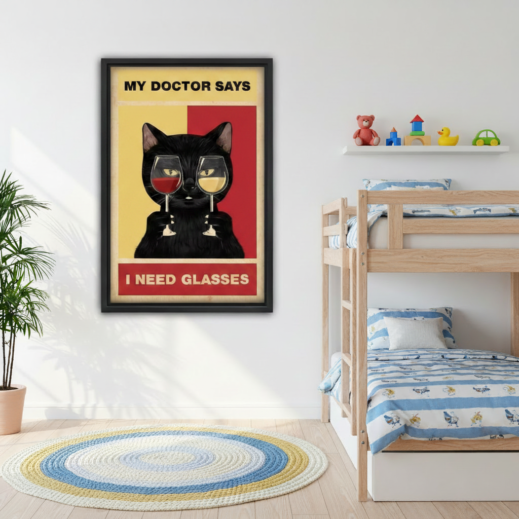Black cat wine humor canvas print in kids bedroom, framed vintage cat wall art with bold red and yellow background