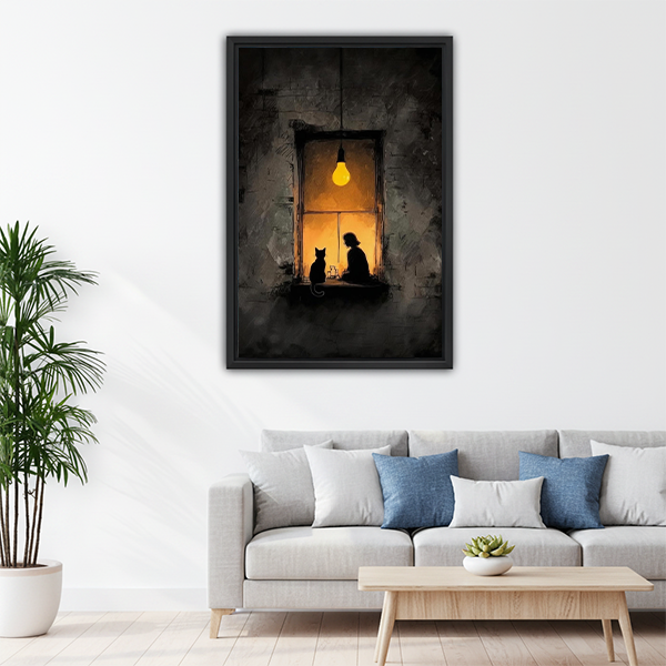 Cat and girl silhouette window light oil painting framed canvas art above living room sofa

