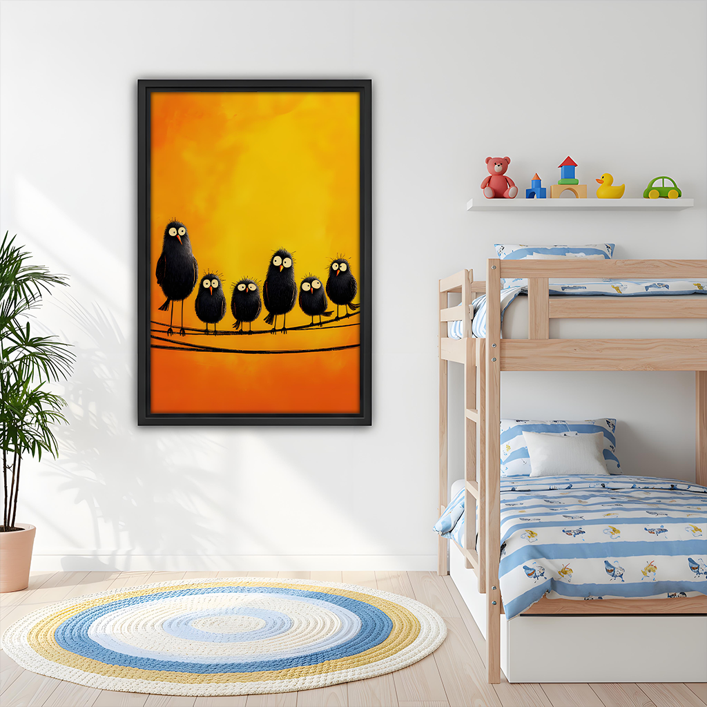 Funny Fluffy Black Birds on Wire Framed Wall Art Print Kids Room Bedroom Decor