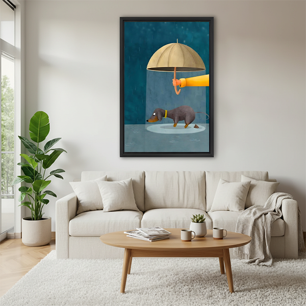 Funny dachshund under umbrella in blue rainy night illustration framed canvas wall art above cream sofa in bright modern living room