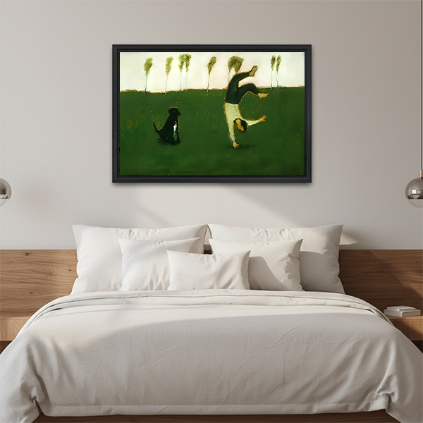 Vintage framed canvas art print of a figure cartwheeling with a loyal black dog on a sunlit green field, bedroom wall decor