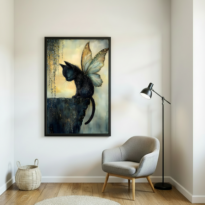 Black cat with butterfly wings fantasy watercolor wall art in black frame beside grey armchair and floor lamp – enchanting golden teal illustration in minimalist reading nook