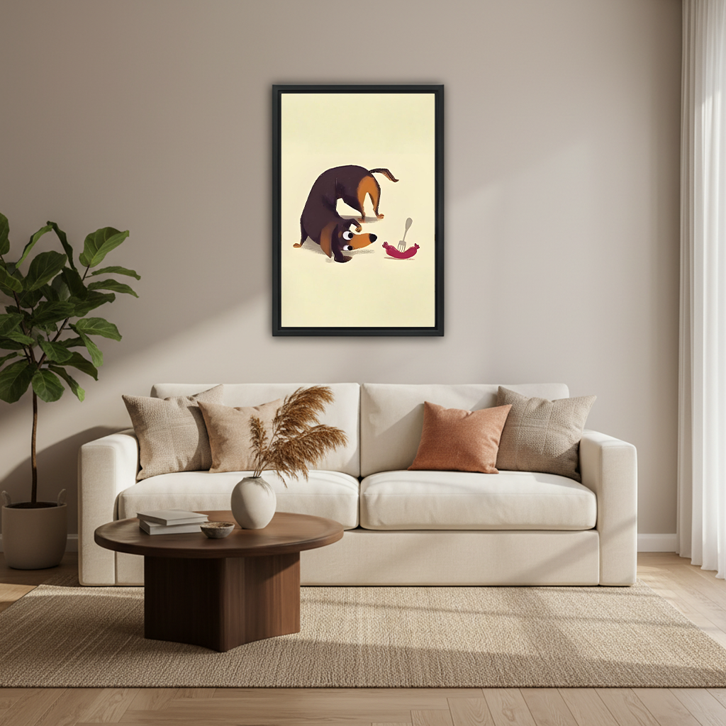 Dachshund sausage dog framed art print above cream sofa – funny minimalist dog illustration in neutral Scandinavian living room