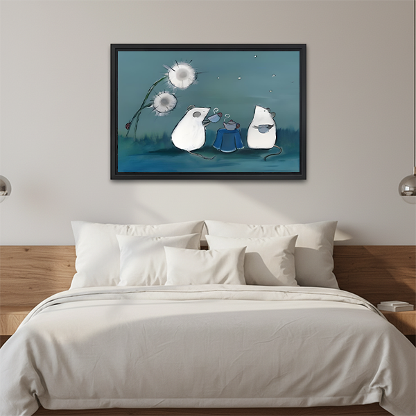 Cozy whimsical framed canvas art of two white mice sharing tea beside a glowing dandelion in a blue night scene, heartwarming illustration, bedroom headboard wall decor