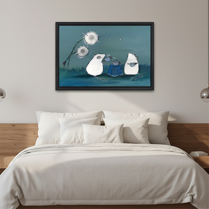 Cozy whimsical framed canvas art of two white mice sharing tea beside a glowing dandelion in a blue night scene, heartwarming illustration, bedroom headboard wall decor