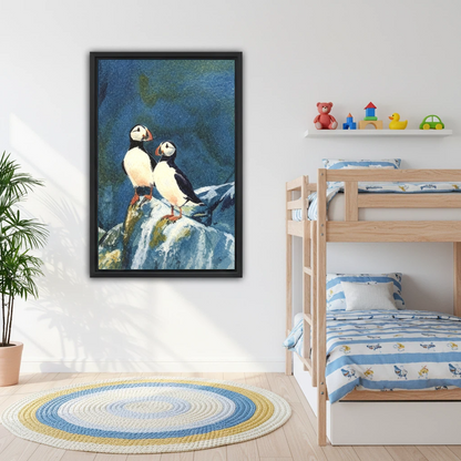 Two puffins framed canvas wall art on white wall in kids bedroom with bunk bed and colorful round rug