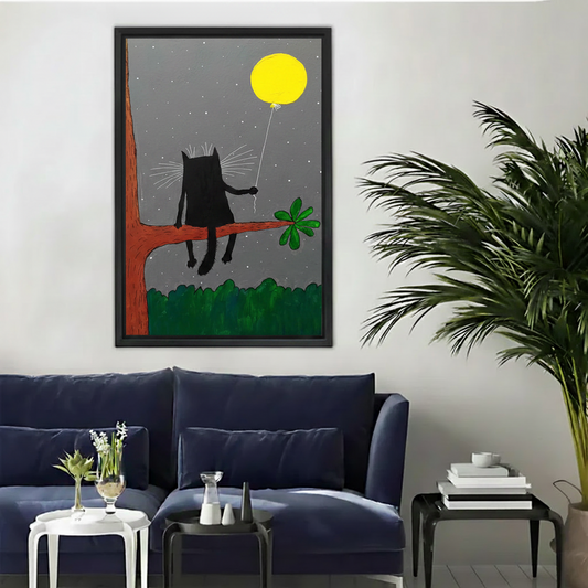 Whimsical black cat holding yellow balloon framed canvas wall art, dreamy night sky scene, cat lover home decor