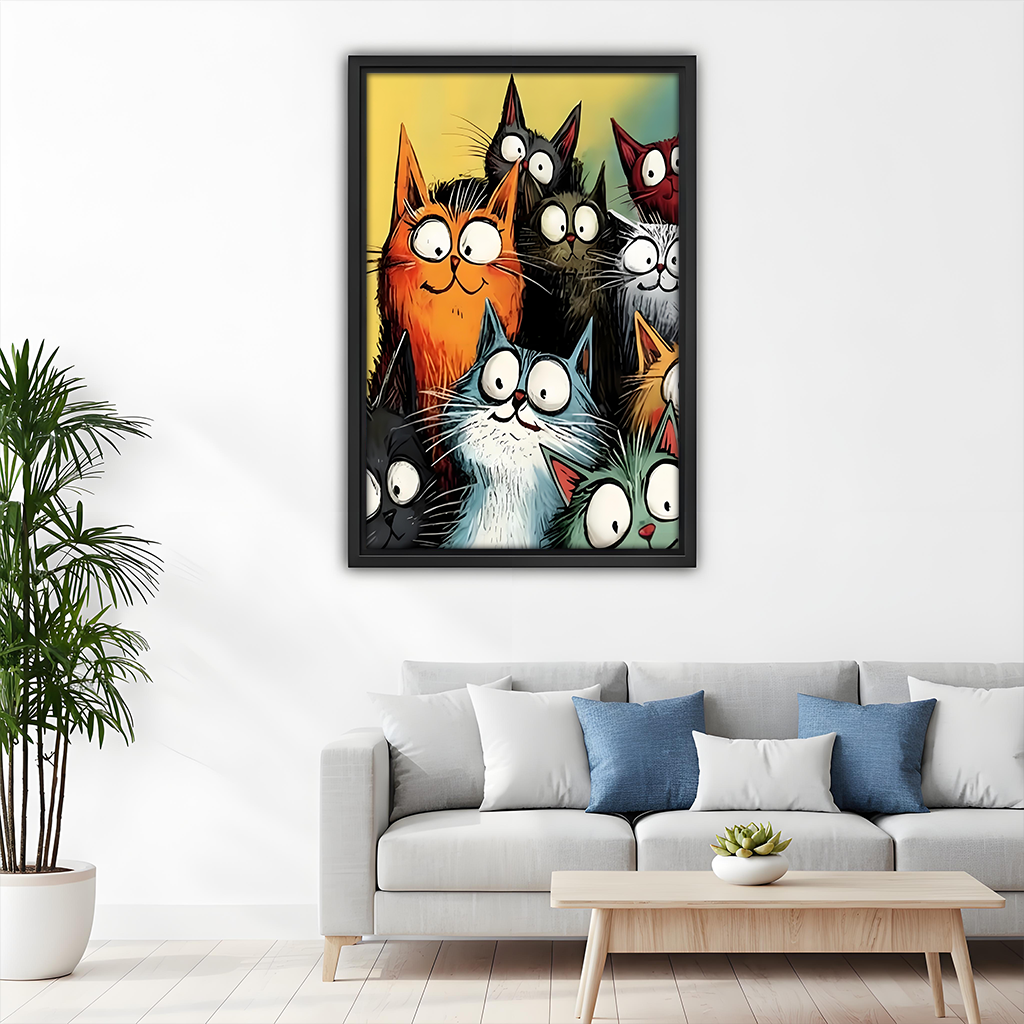 Cartoon cats wall art print above sofa in living room – funny colorful cat canvas decor for modern home