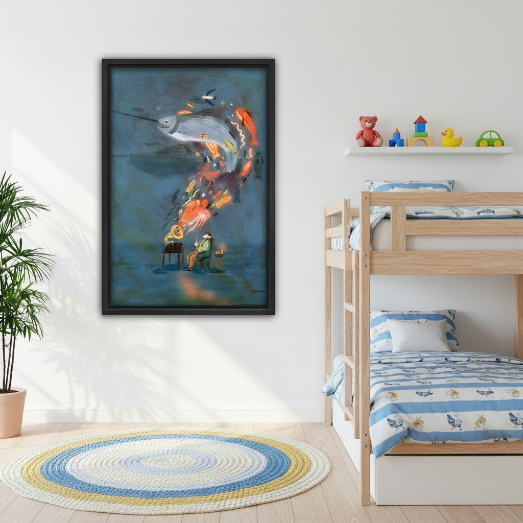 Surrealist gramophone sea creatures framed canvas print hanging in a children's bedroom above wooden bunk beds, dark blue eclectic wall art