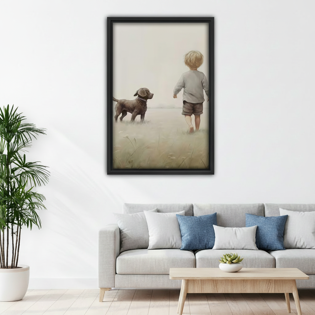 Vintage child and dog misty field framed wall art above sofa in modern living room