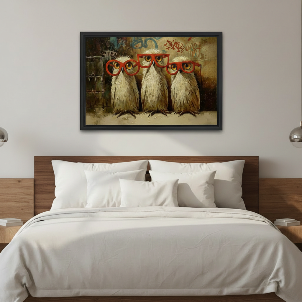 Three owls with red glasses framed canvas above bed, humorous graffiti owl wall art for bedroom decor