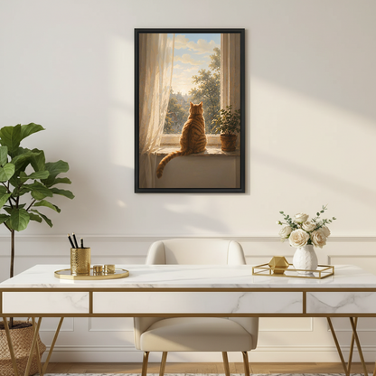Vintage orange tabby cat framed wall art print in elegant home office with marble desk