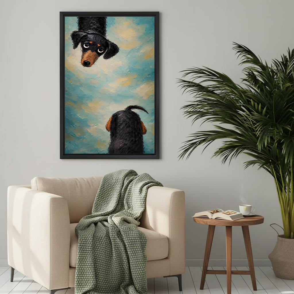 Framed dachshund dog canvas art with blue cloudy background above navy living room sofa