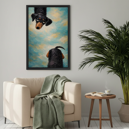 Framed dachshund dog canvas art with blue cloudy background above navy living room sofa