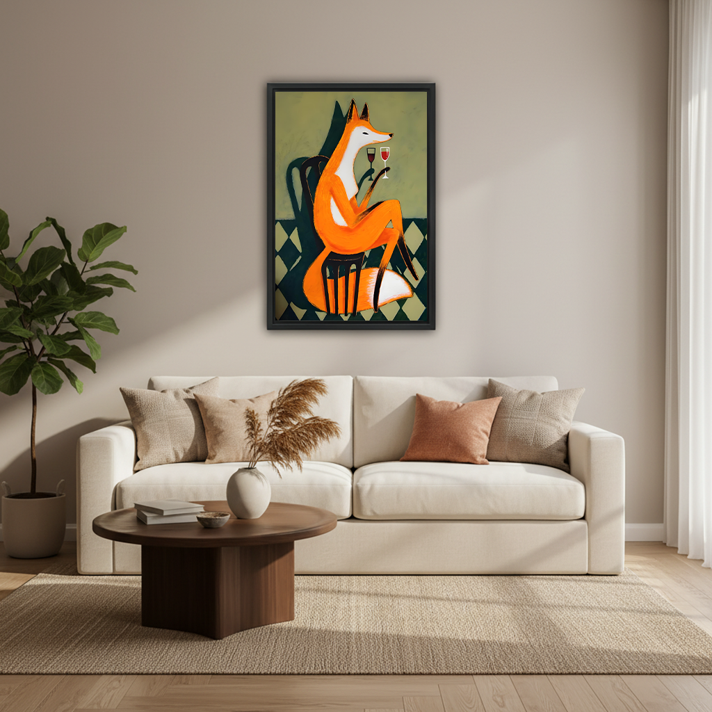 Elegant orange fox holding wine glass mid-century modern framed canvas art in black frame above cream sofa with round walnut coffee table and fiddle leaf fig