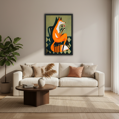 Elegant orange fox holding wine glass mid-century modern framed canvas art in black frame above cream sofa with round walnut coffee table and fiddle leaf fig