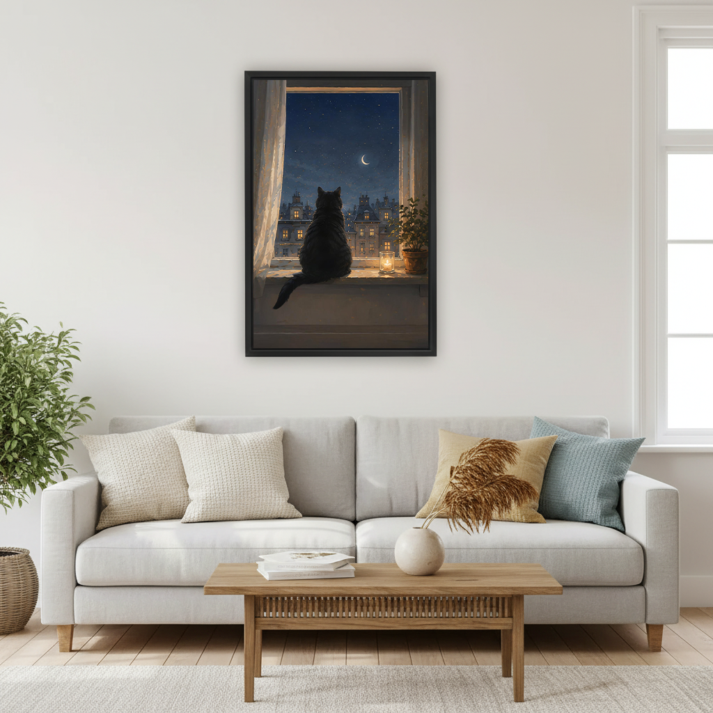 Framed moonlit black cat canvas wall art print above light grey sofa in modern Scandinavian living room