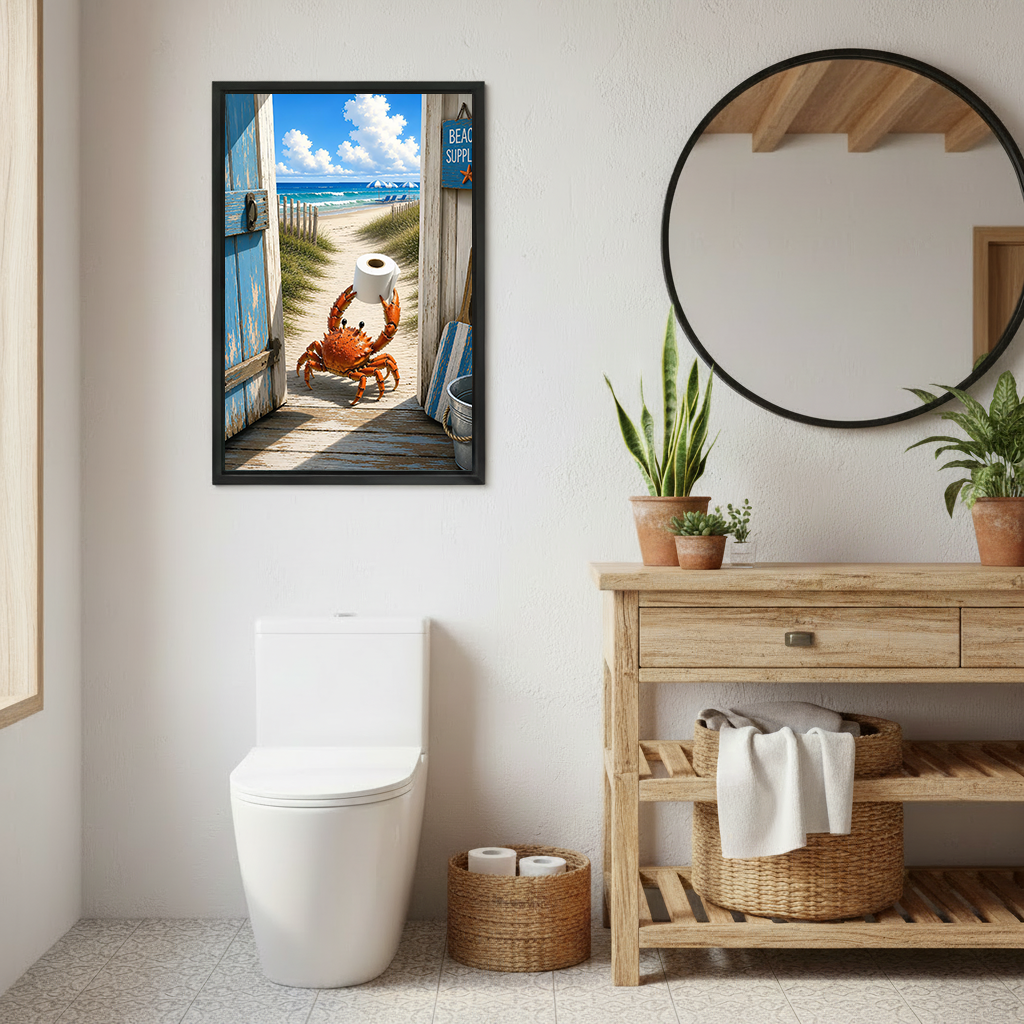 Two women laughing beside framed beach crab canvas wall art depicting an orange crab raising toilet paper.