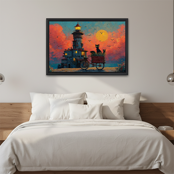 Black Cat Lighthouse Sunset Oil Painting Framed Art Print Bedroom Wall Decor