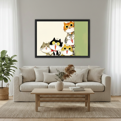 Funny Nosy Cats Framed Art Print – Japanese Cute Cat Wall Decor for Living Room and Bedroom