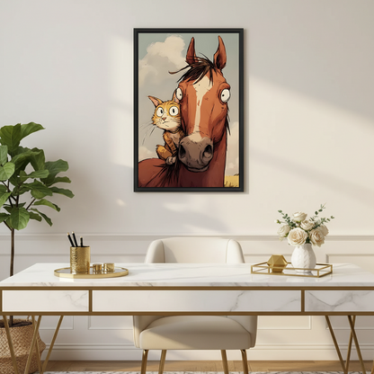 Whimsical horse and cat wall art in black frame above marble desk in home office