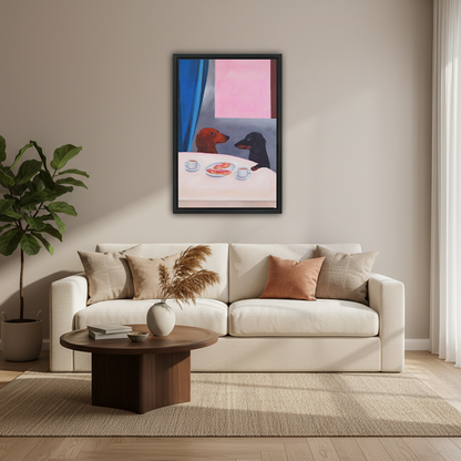 Dachshund coffee date modern painting framed wall art above cream sofa with fiddle leaf fig plant in bright living room