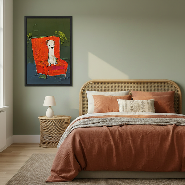 White dog on red armchair expressionist framed canvas wall art hanging in cozy boho bedroom above rattan bed with terracotta bedding and rattan nightstand