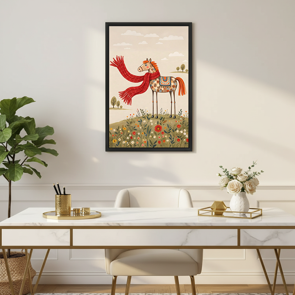 Framed whimsical horse in scarf canvas wall art displayed above a sofa in a bright living room