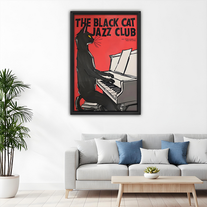 Black cat jazz club New Orleans piano framed wall art – retro vintage living room music decor