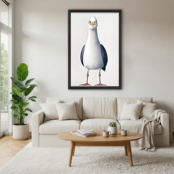 Grumpy seagull full body cartoon framed wall art with narrowed eyes hung above cream sofa with round coffee table in bright Scandinavian living room