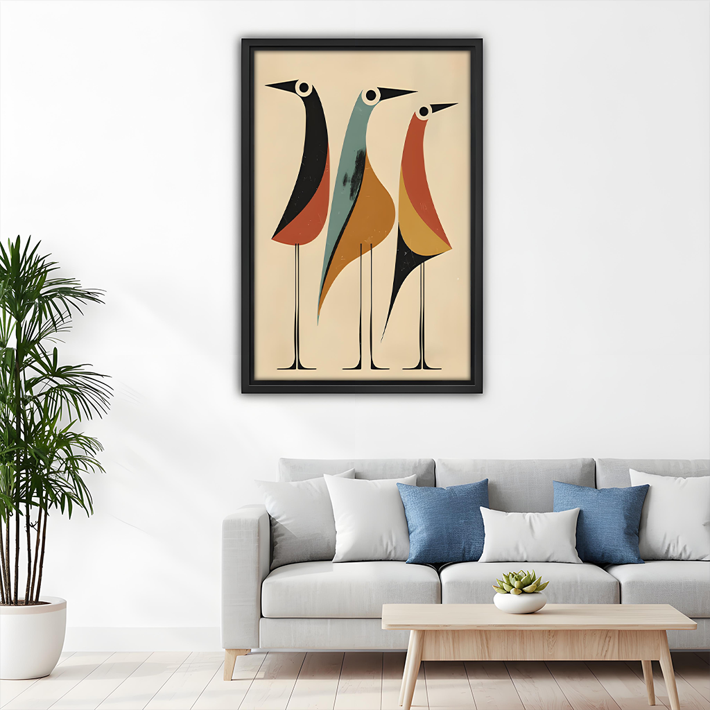 Mid-Century Modern Abstract Birds Trio Framed Wall Art Print Above Sofa Living Room