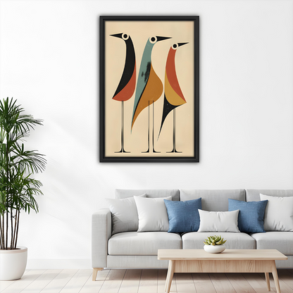 Mid-Century Modern Abstract Birds Trio Framed Wall Art Print Above Sofa Living Room
