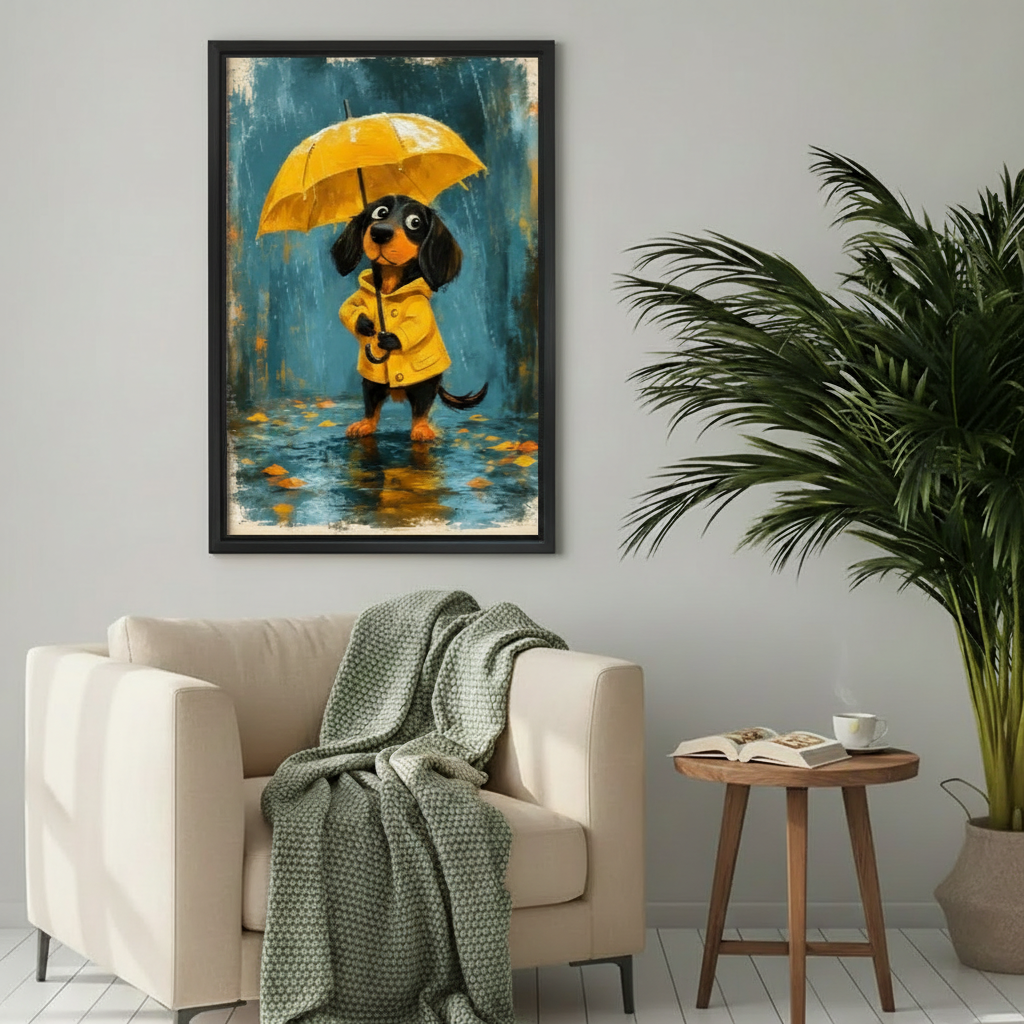 Rainy Day Dachshund Framed Canvas Wall Art Print l1957