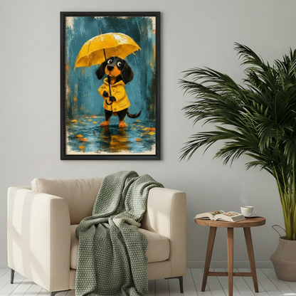 Rainy Day Dachshund Framed Canvas Wall Art Print l1957
